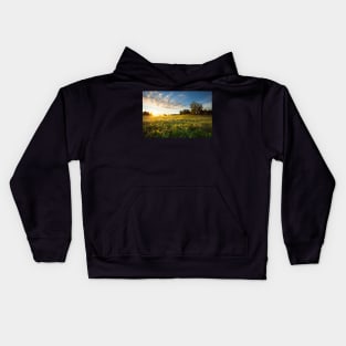 Tranquil grassland and trees at sunrise Kids Hoodie